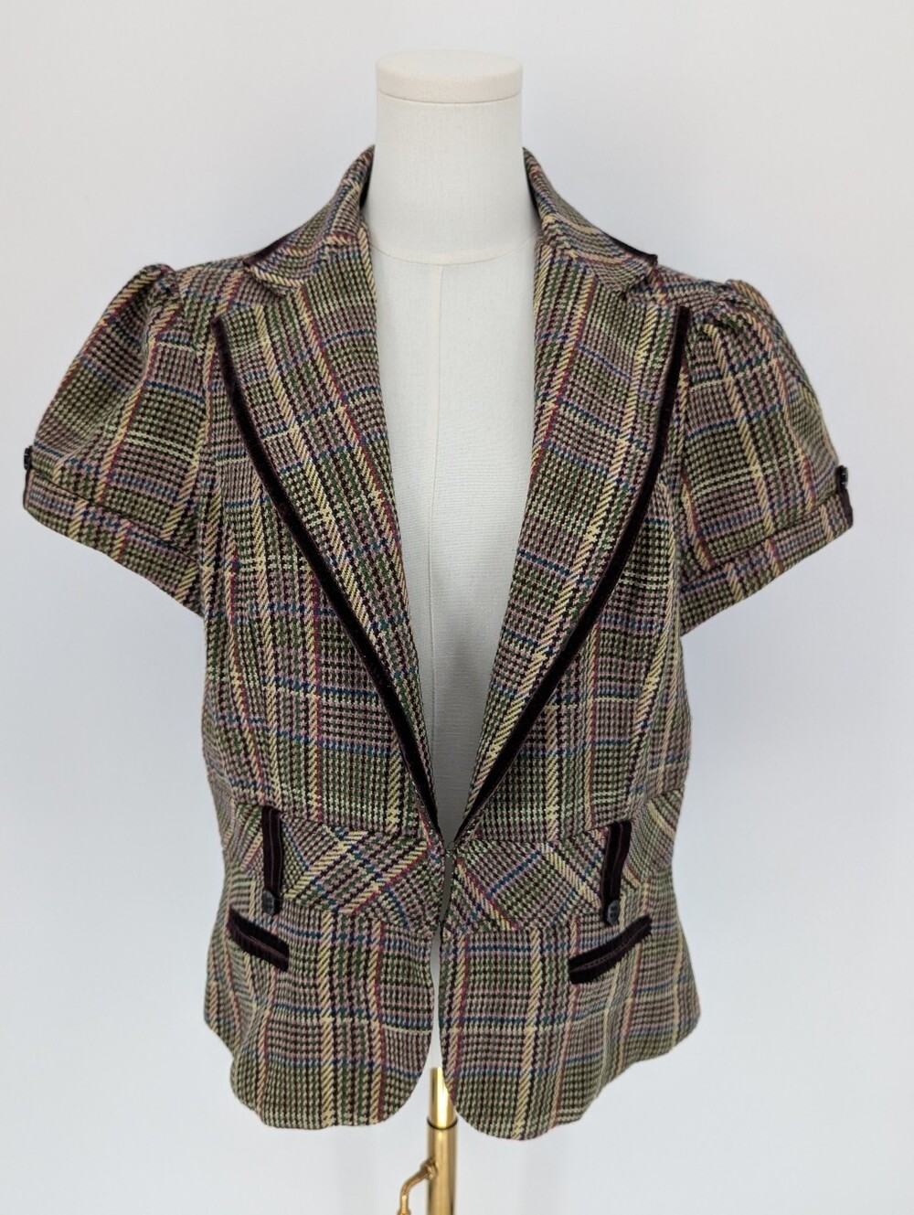 Studio Y Y2K Velvet-Trim Plaid Blazer | Size XL | Glen Plaid Fall Dark Academia